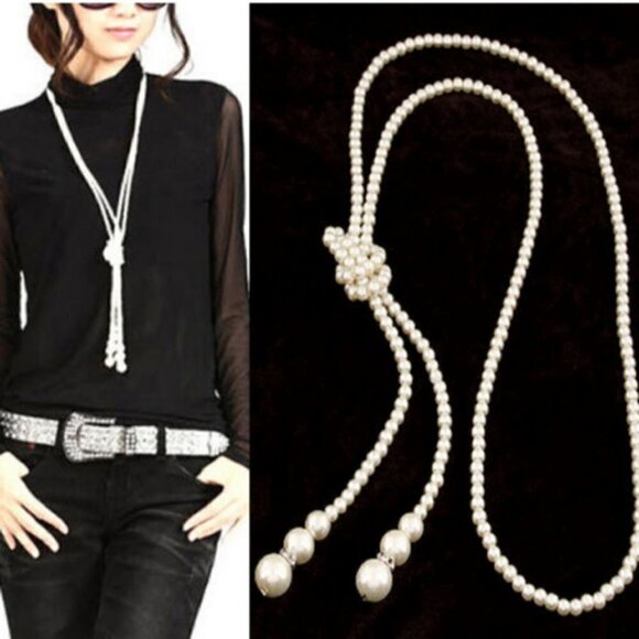 Boho Pearl Long Necklace chain jewelry - Picture 1 of 4